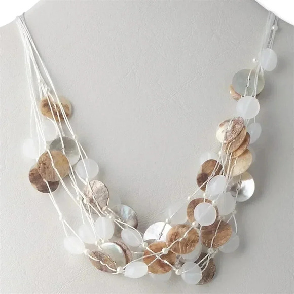 Philippines Artisan Freshwater Pearl Mussel Shell Layered White Tones Necklace - Picture 1 of 2